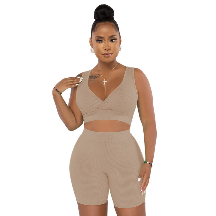 Dame Sporty Sæt af Cropped Top og Cykelshorts med Ribstruktur Stilla