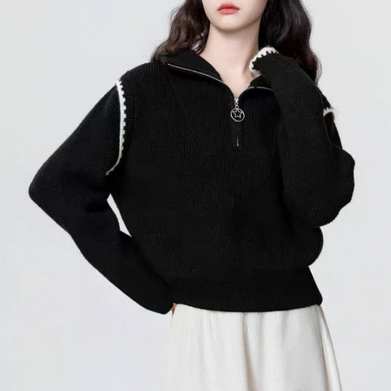 Kvinders højhalset sweater med opretstående krave og lynlås Stilla