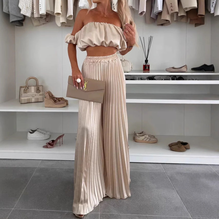 Dame Plisseret Maxi Nederdel og Off-Shoulder Crop Top Sæt Stilla