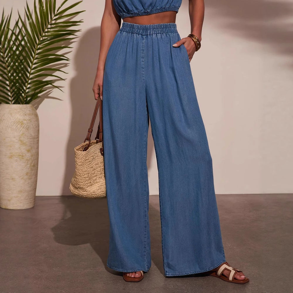 Kvinders afslappede denim sæt med cropped top og brede bukser Stilla