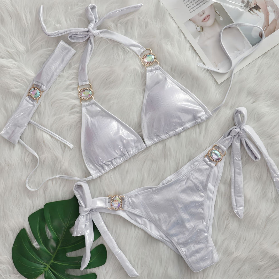 Dame Glinsende Slips-Detalje Triangle Bikini Sæt Stilla