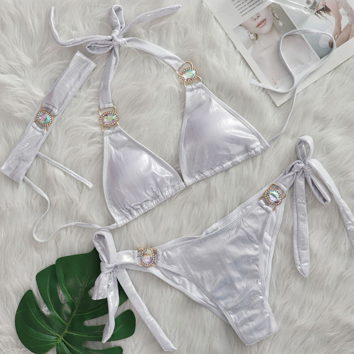 Dame Glinsende Slips-Detalje Triangle Bikini Sæt Stilla