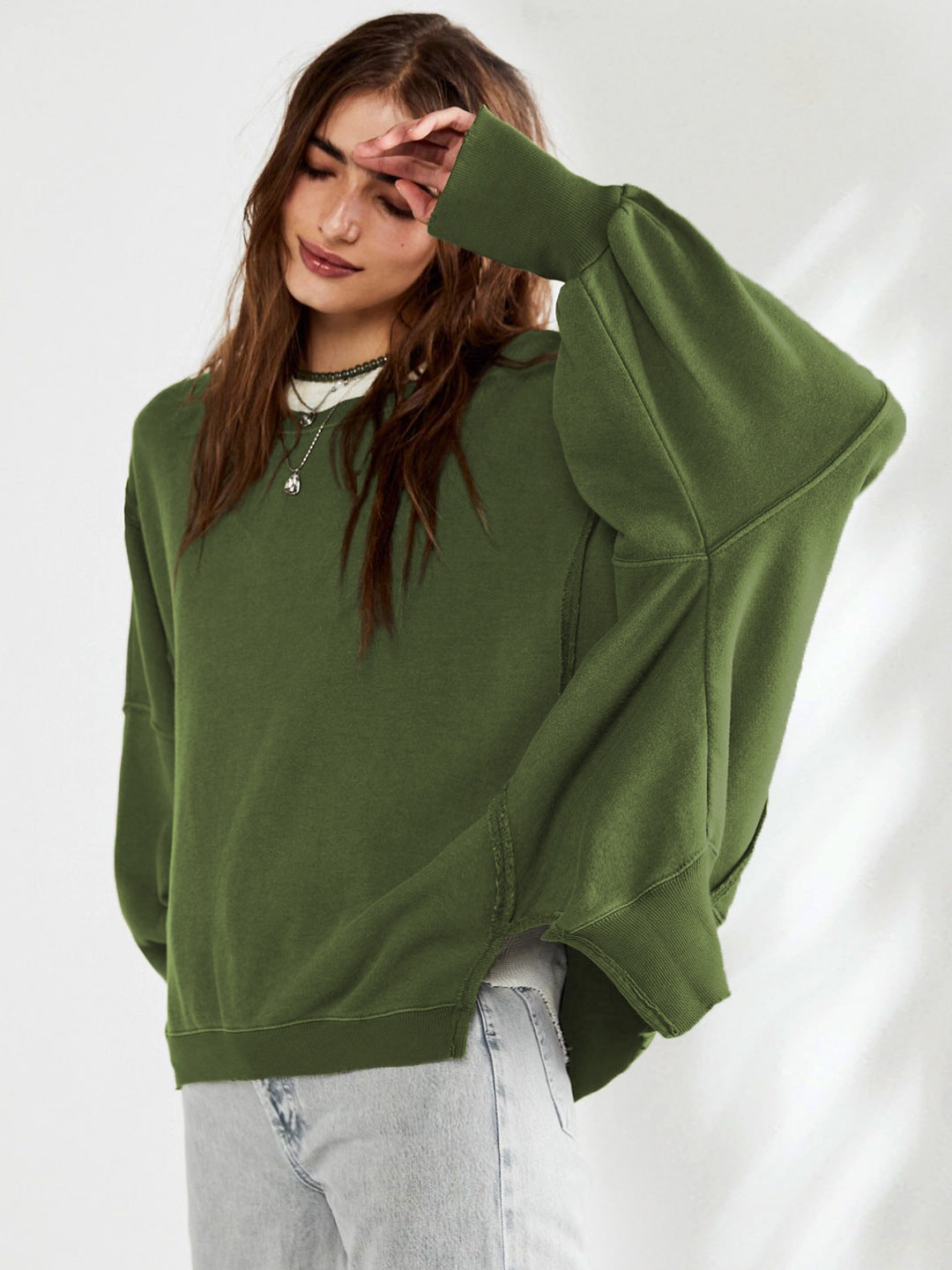 Dame afslappet oversized sweatshirt med vide ærmer og V-udskæring Stilla