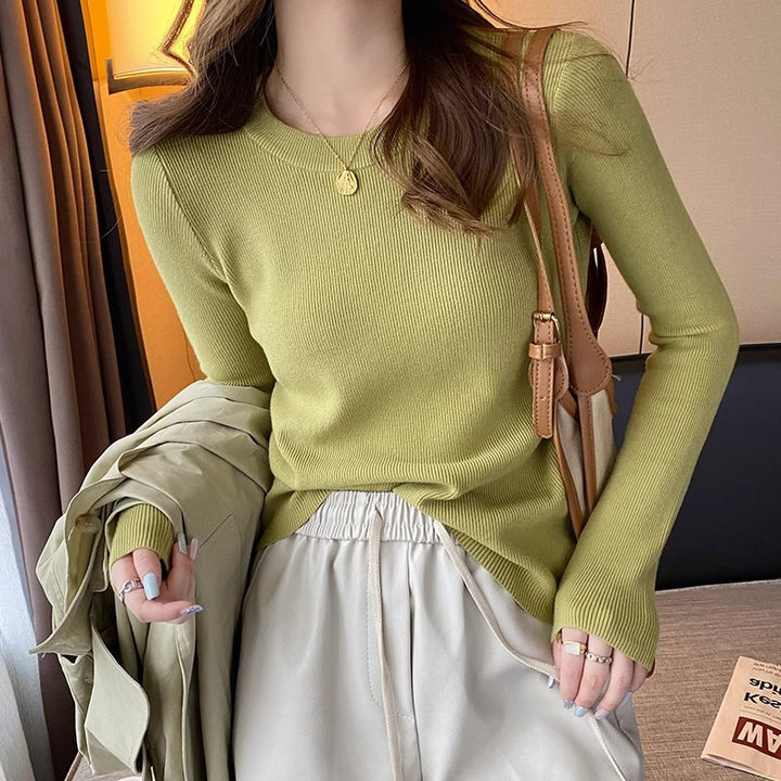 Dame Figurtilpasset Ribstrikket Sweater med Rund Hals