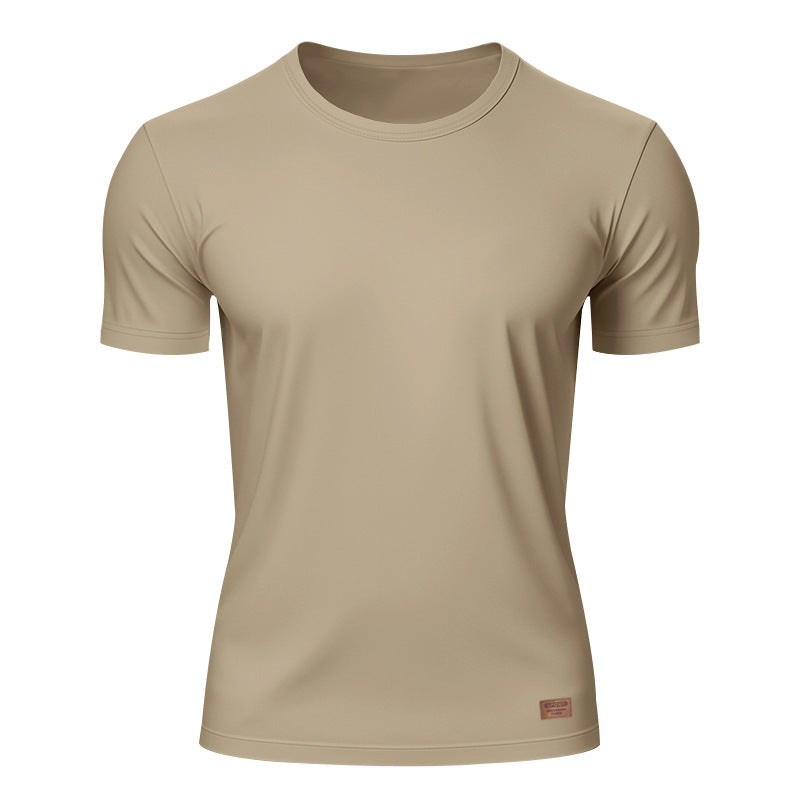 Herrer nan slankt Rundhals-T-shirt i glat stretchjersey med diskret læder-logoapplikation Skovae