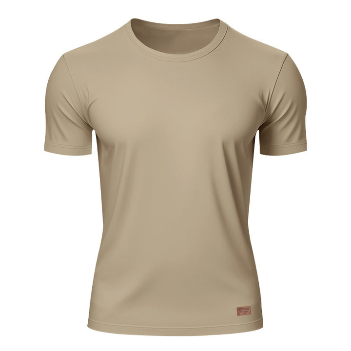 Herrer nan slankt Rundhals-T-shirt i glat stretchjersey med diskret læder-logoapplikation Skovae
