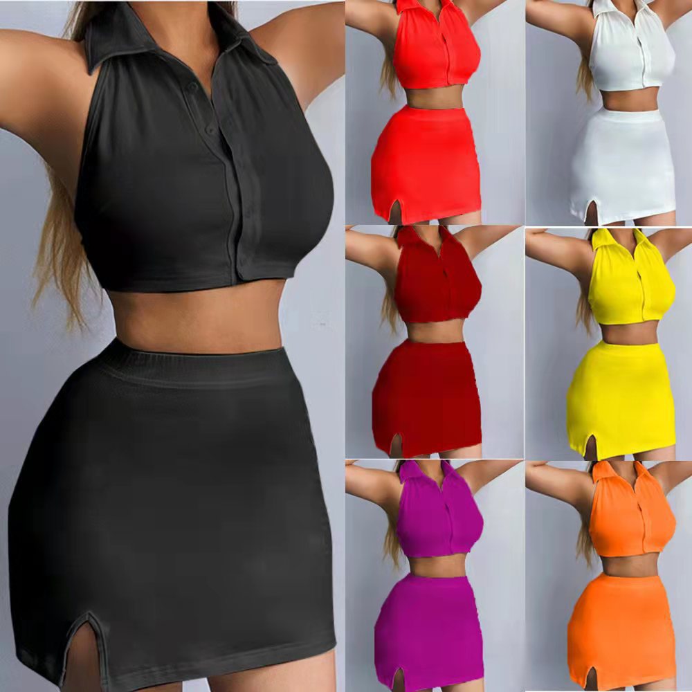Dame cropped bluse med knaplukning og figursyet nederdel Stilla