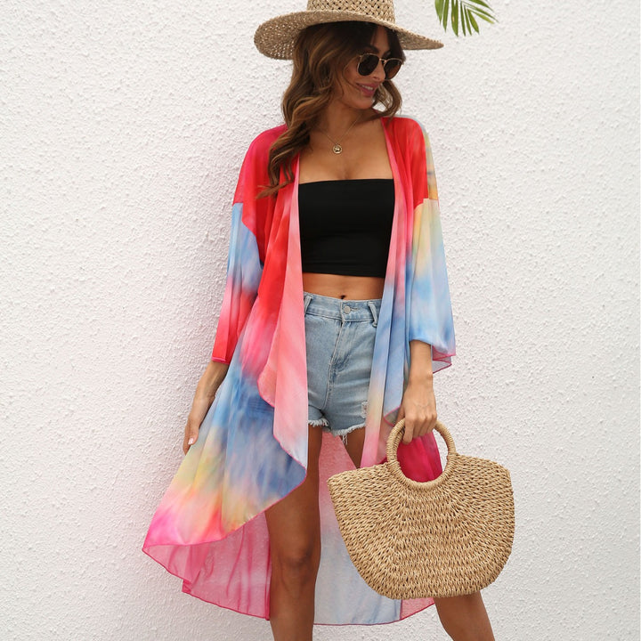 Dame elegant strandkimono med farverigt tie-dye-design Skovae