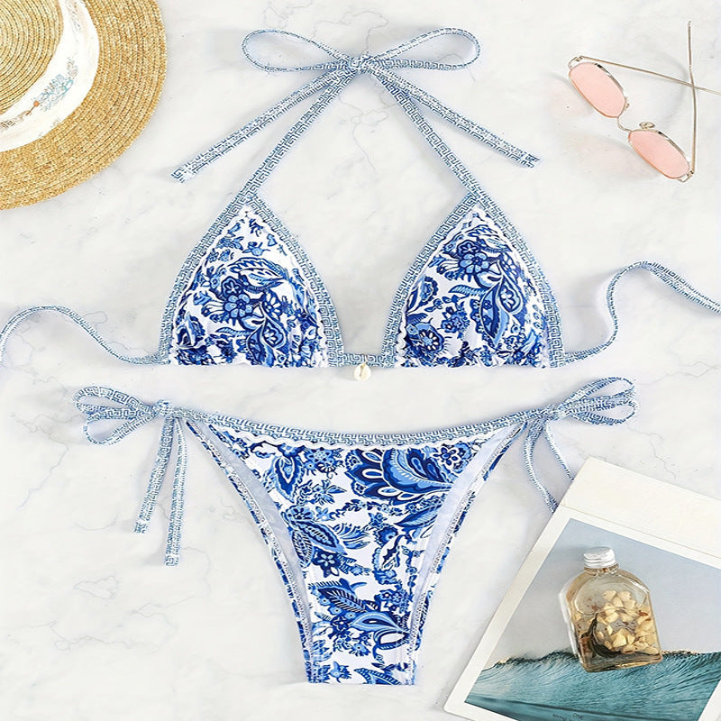 Dame triangel-bikini med floralt tryk og raffinerede bindebånd Skovae