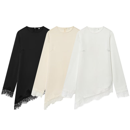 Dame asymmetrisk bluse shirt med spidsudsmykning Skovae