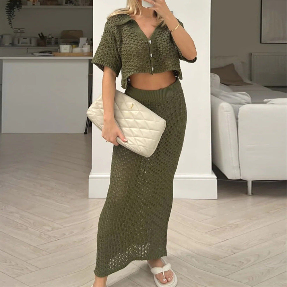 Dame hæklede strandlook med crop-top og maxiskørt Stilla