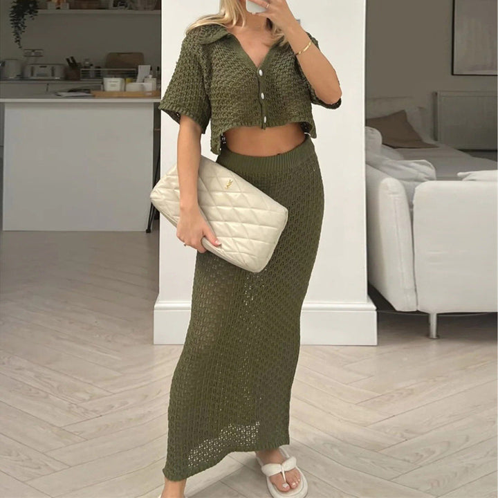 Dame hæklede strandlook med crop-top og maxiskørt Stilla