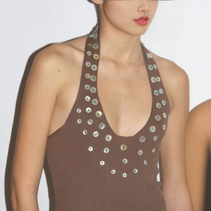 Dame Halterneck glitrende Paillet-top Stilla