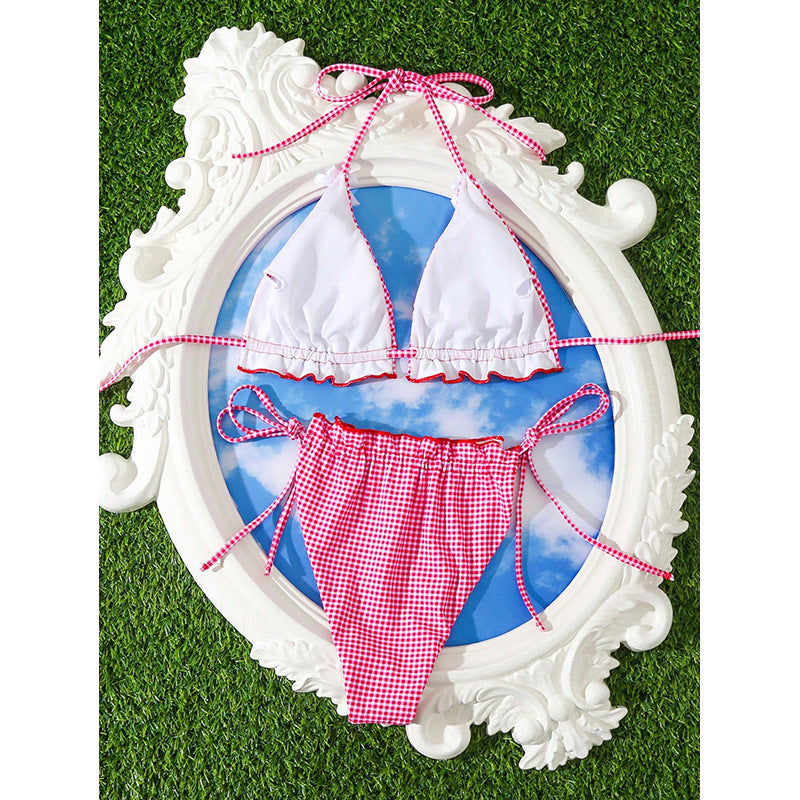 Dame triangel-bikini-sæt med flæsedesign og justerbare stropper Skovae
