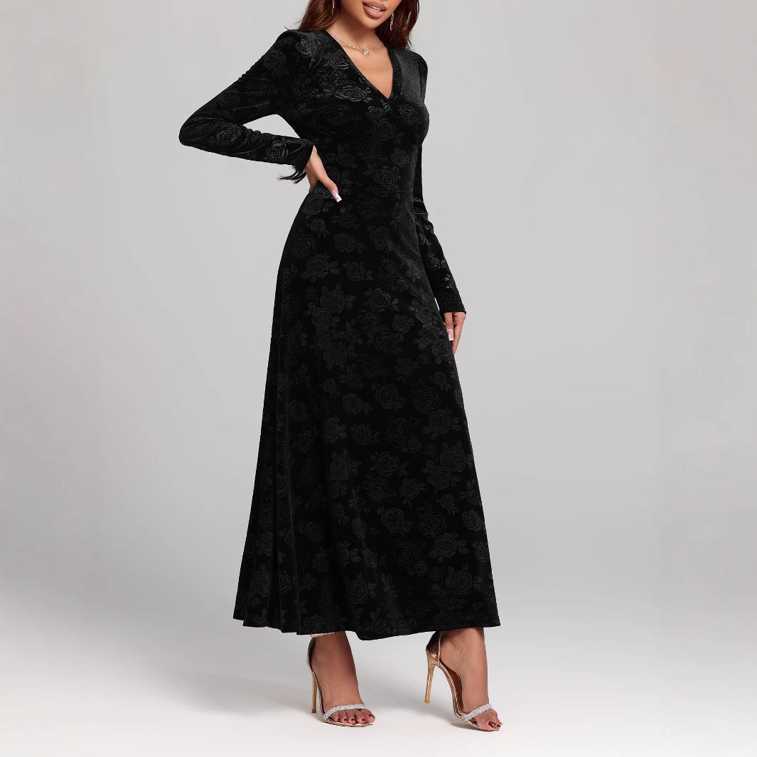 Dame Elegant maxidress i højkvalitets fløjl med lange ærmer og V-hals Stilla