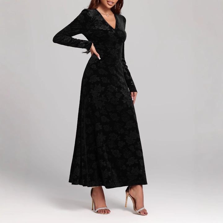 Dame Elegant maxidress i højkvalitets fløjl med lange ærmer og V-hals Stilla