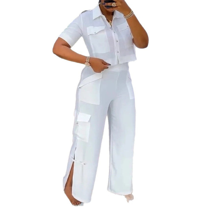 Dame nan to-delt skjorte- og cargo-bukser-sæt med kort oversized skjorte, høj talje, bredt ben og sidelægs-slitser Skovae