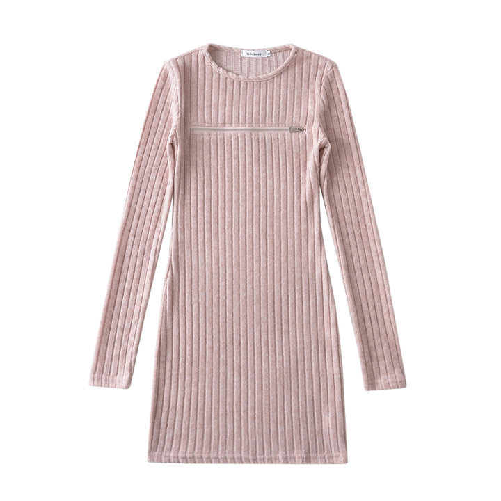 Dame strikkjole med lynlås og elegant ribdesign Stilla