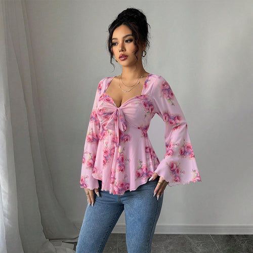 Kvinders flydende bluse skjorte med blomsterdesign og legende knude Stilla