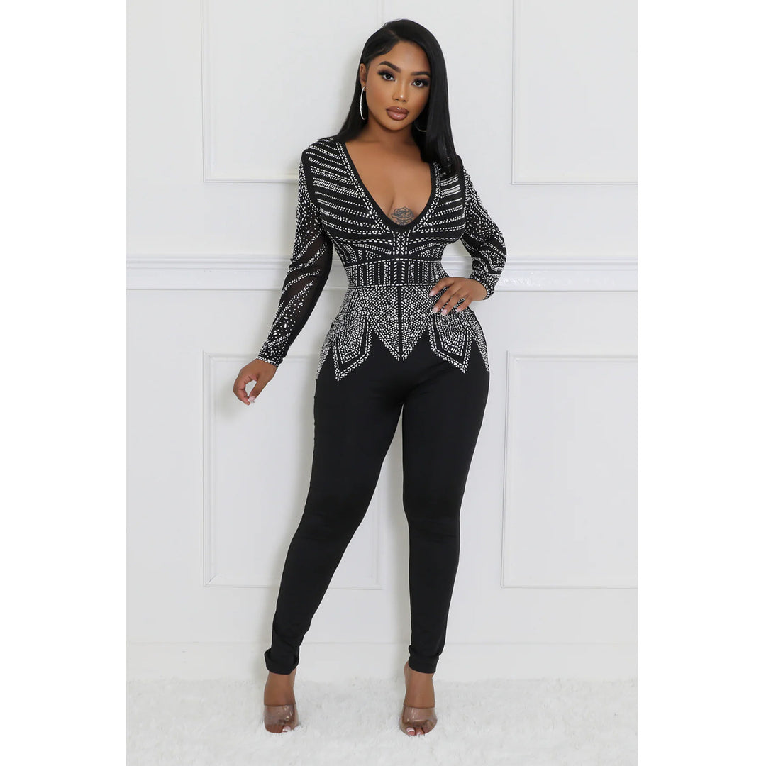 Dame Elegant Bodycon Jumpsuit med strassdekorationer og dyb V-udskæring Stilla