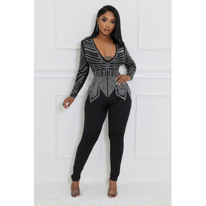 Dame Elegant Bodycon Jumpsuit med strassdekorationer og dyb V-udskæring Stilla