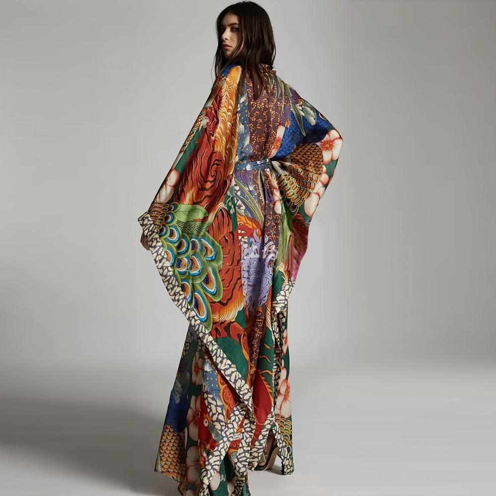 Dame elegant Kimono-stil strandovergang med kunstnerisk mønster og dyb V-udskæring Stilla