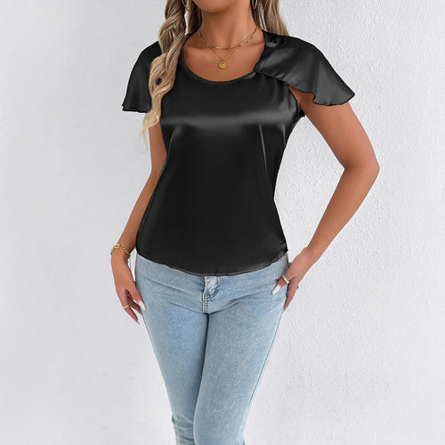 Dame satinbluse med elegante bølger Skovae