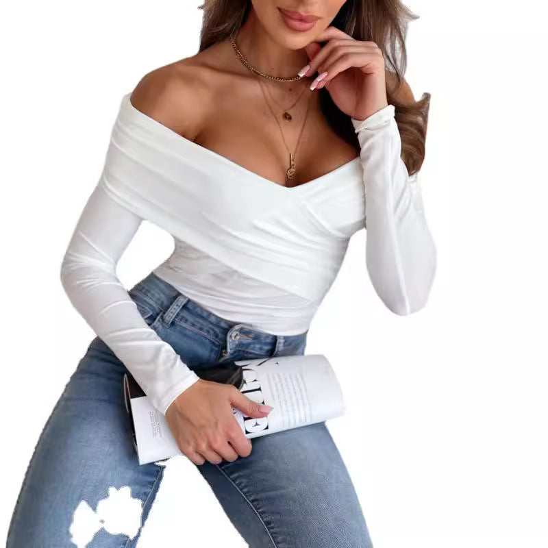 Dame Off-Shoulder Rynket Langærmet T-shirt Stilla