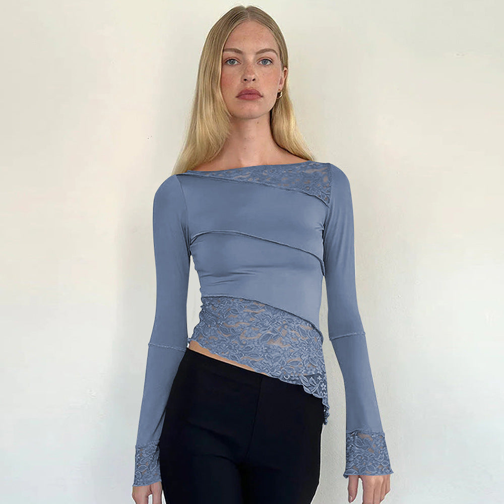 Damer figurtilpasset langærmet shirt med elegant spidsbesætning og asymmetrisk snit Stilla