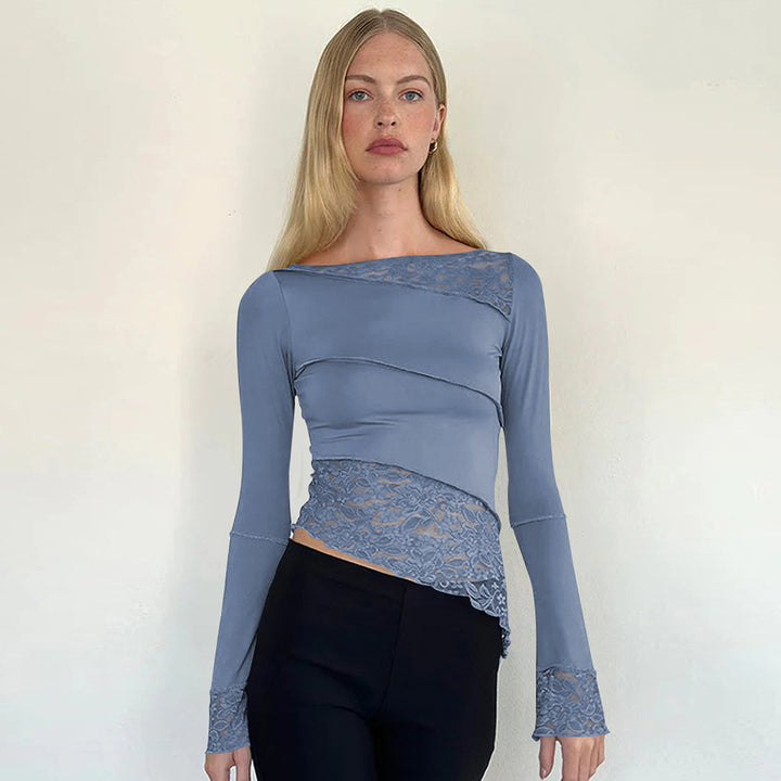 Damer figurtilpasset langærmet shirt med elegant spidsbesætning og asymmetrisk snit Stilla