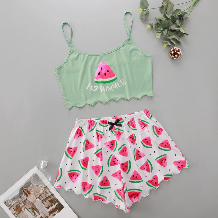 Dame Pyjama-sæt med glad vandmelon-design og elastisk talje Stilla