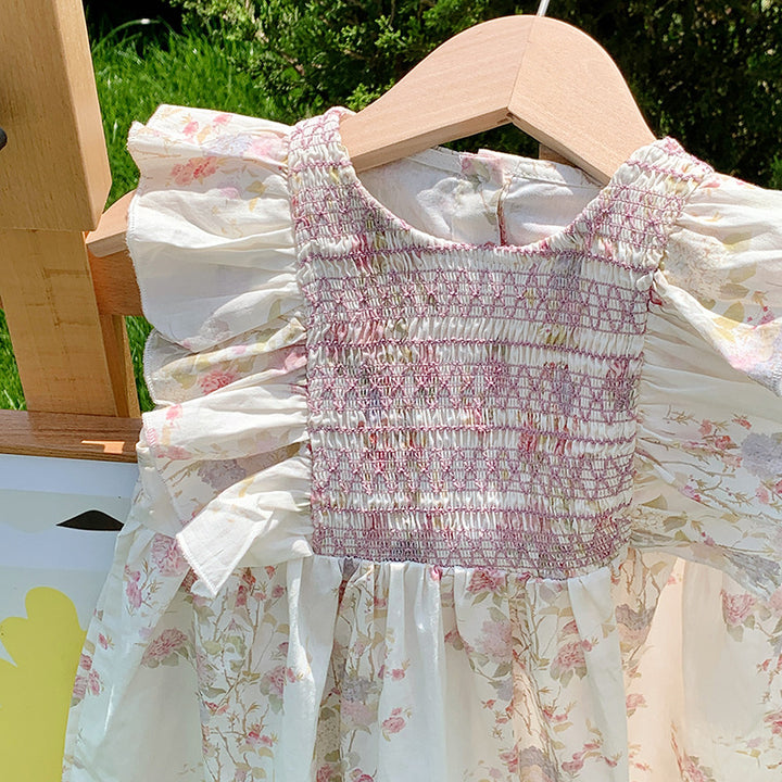 Pige Floral Smocked Kjole med Rufflesleeves Stilla