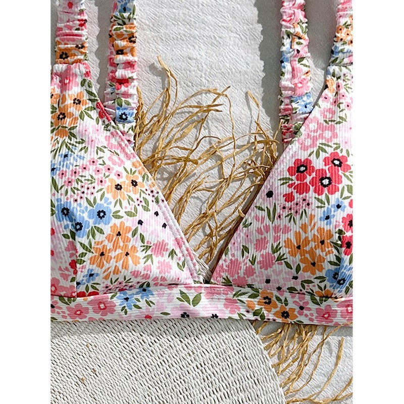 Dame Triangel-Bikini-top med blomsterdesign og justerbare stropper Skovae
