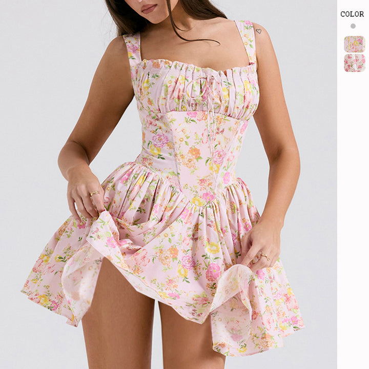 Kvinders sommer mini kjole med blomsterdetaljer og samlet liv Stilla