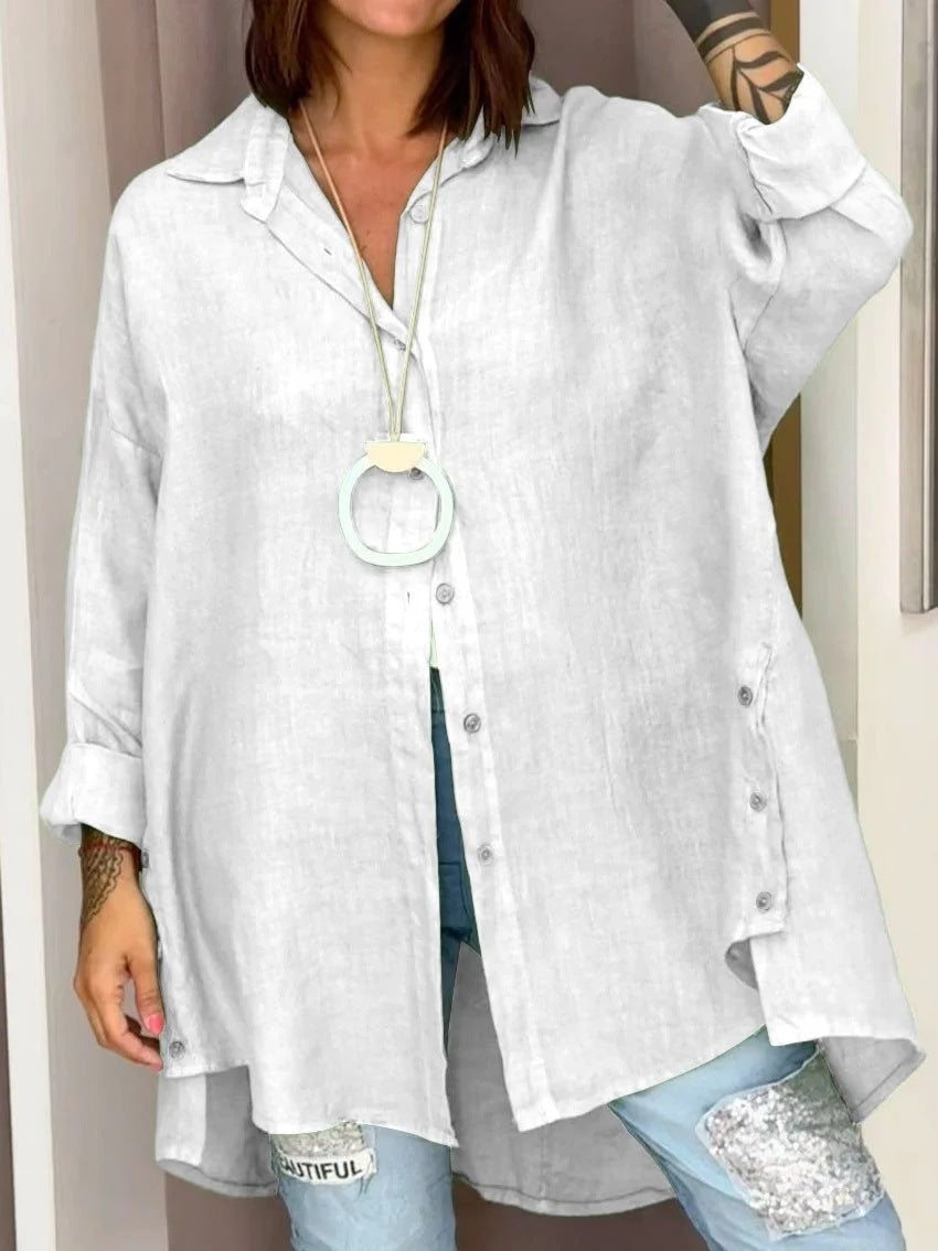 Dame Lækre Linned Bluse med asymmetrisk snit og praktiske knapper Stilla