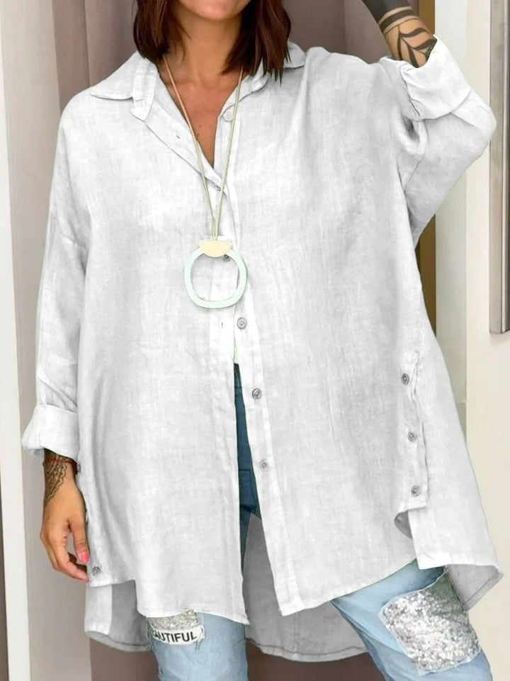 Dame Lækre Linned Bluse med asymmetrisk snit og praktiske knapper Stilla