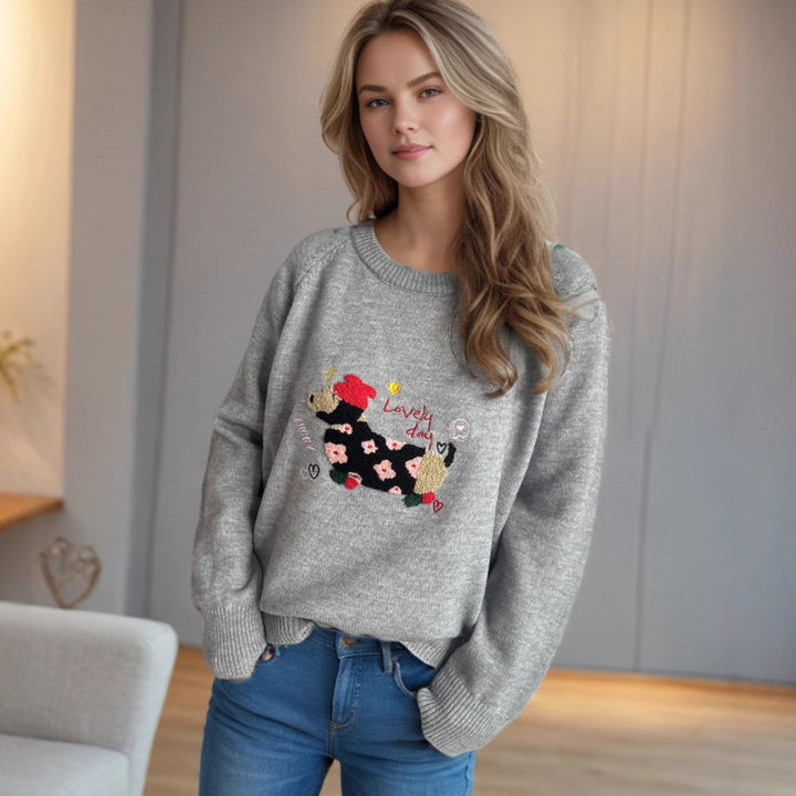 Kvindernes legesyge sweatshirt med unikt dyremotiv og blomsterbroderi Stilla