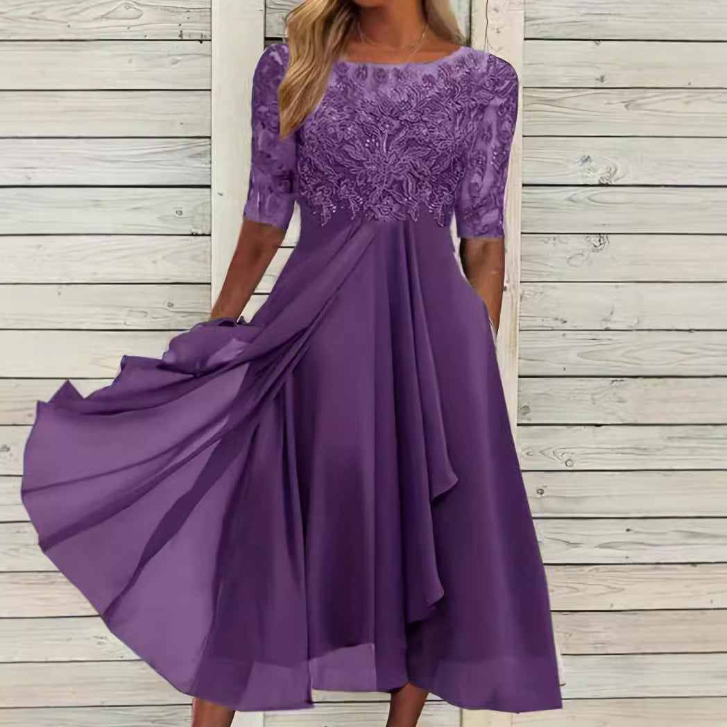 Damer na elegant chiffon midikjole med bestiklet spidsoberdel og halvlange ærmer Skovae