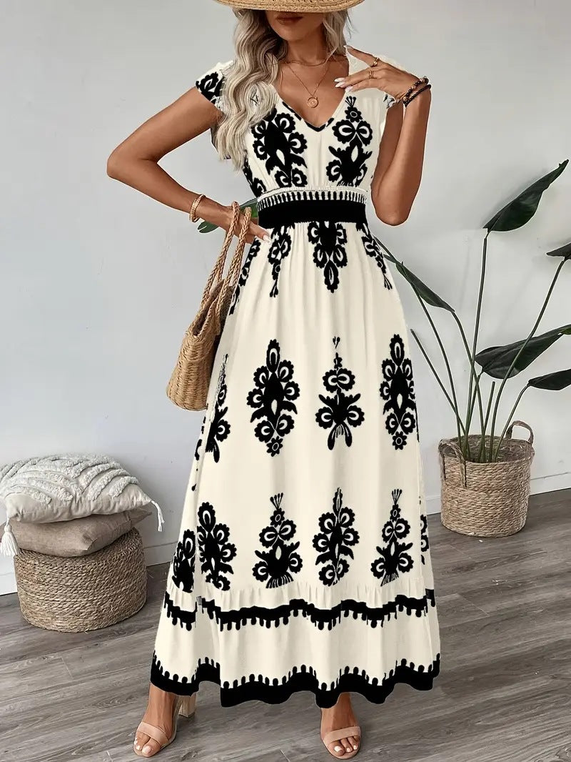 Kvinder Bohemian Blomster Maxi Kjole med Smock-talje Stilla
