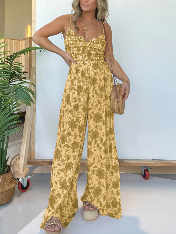 Dame luftig jumpsuit med blomstermønster og elastisk talje Stilla