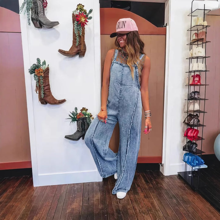 Dame denim overalls med brede ben og praktiske lommer Stilla