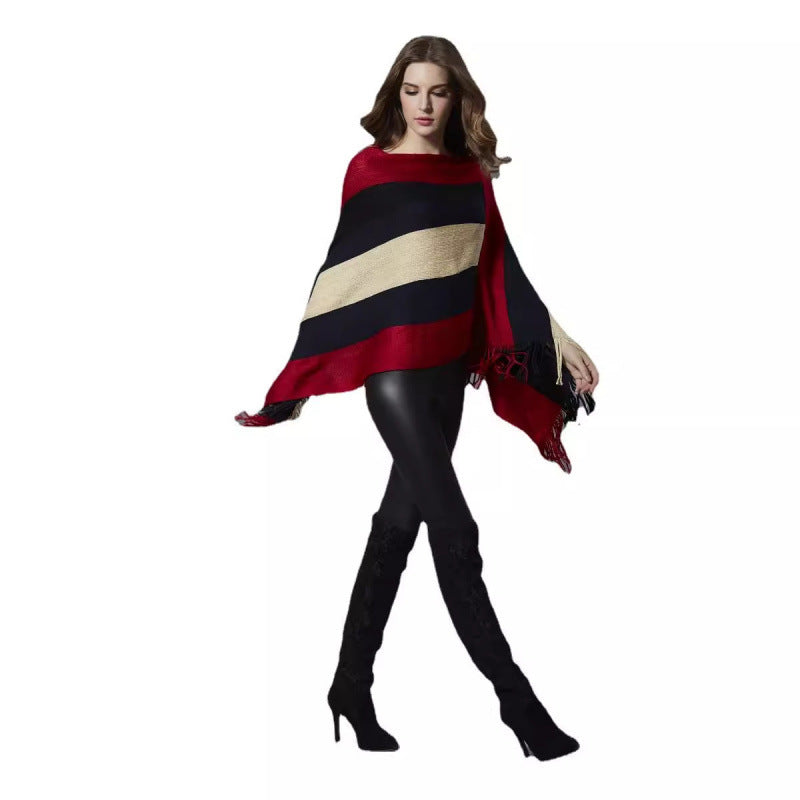 Dame geometrisk print poncho med frynse-bund Stilla