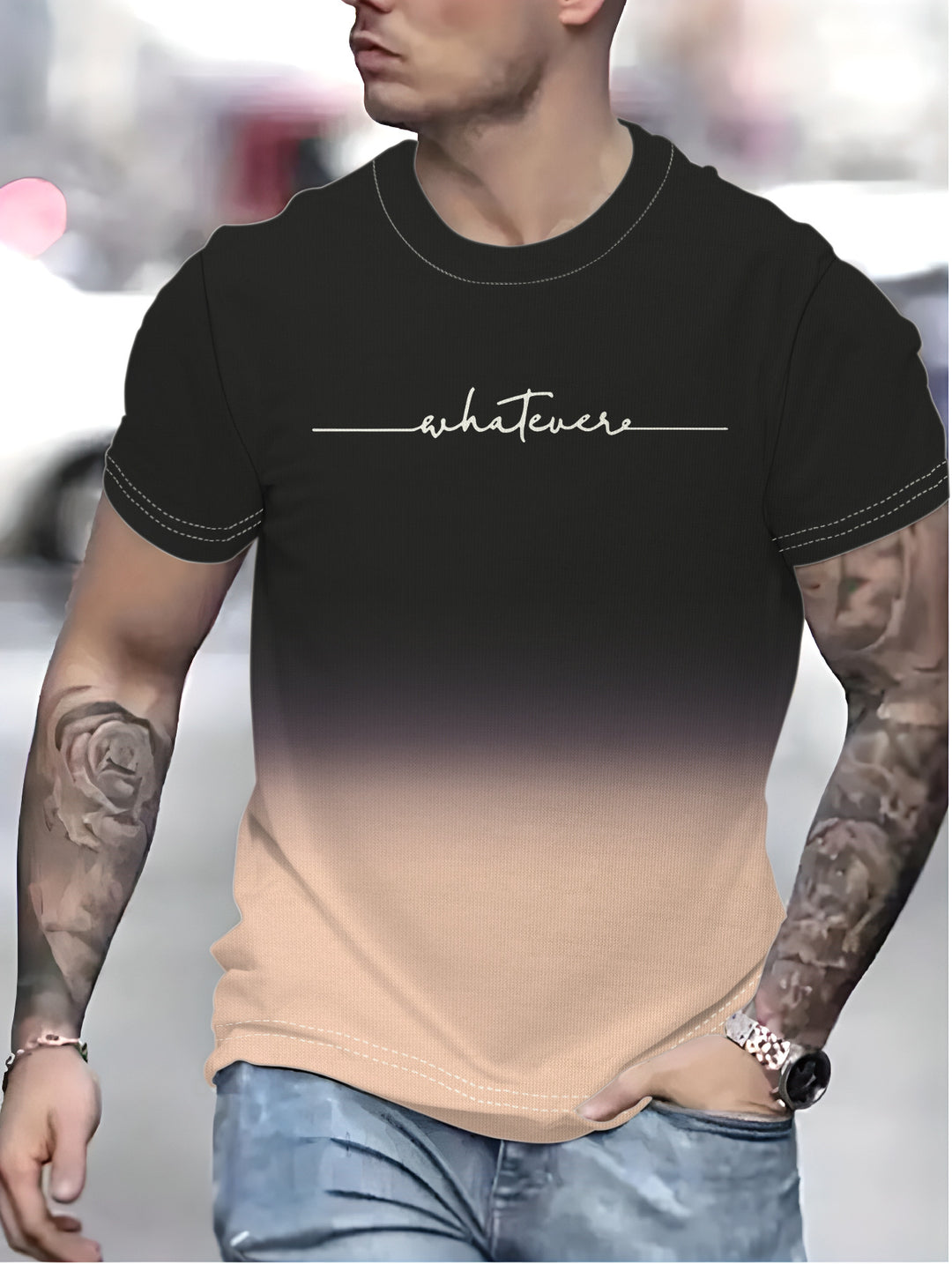 Herrer T-shirt med kreativ inskrift og moderne farvegradient Stilla