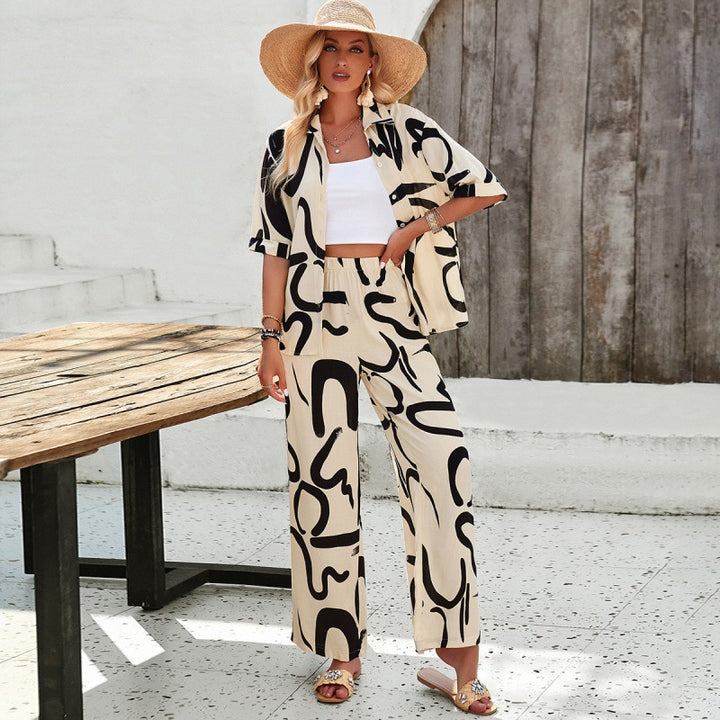 Dame Luftig Sæt bestående af cropped top med mønstret kimono og bred bukser Stilla