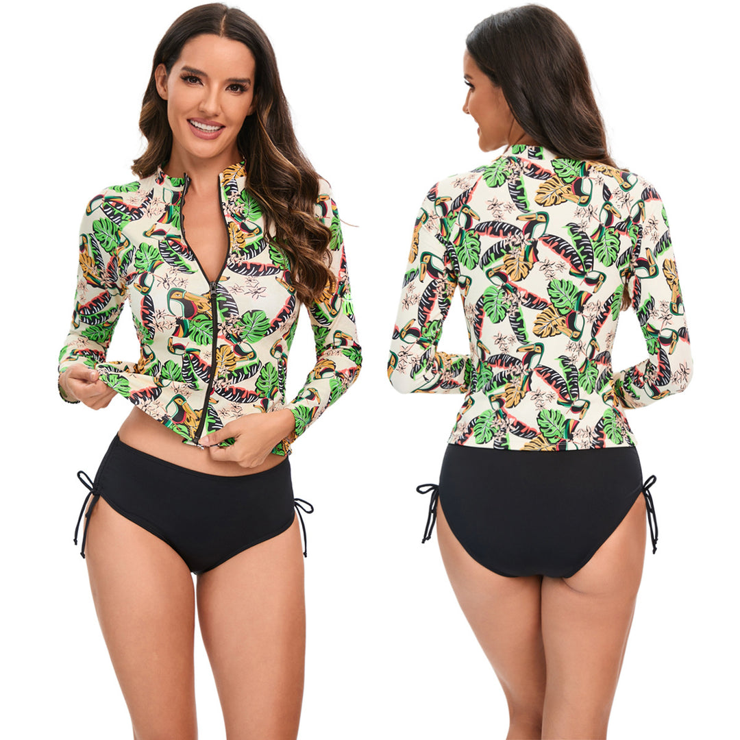 Dame Sporty Langærmet Rashguard med farverig dyre- og bladmønster Skovae