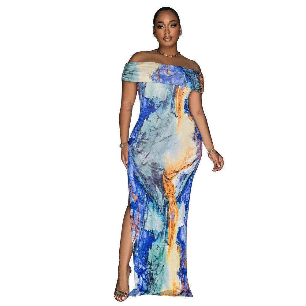 Dame Off-Shoulder Maxi-Kjole med Kunstmotiv Stilla