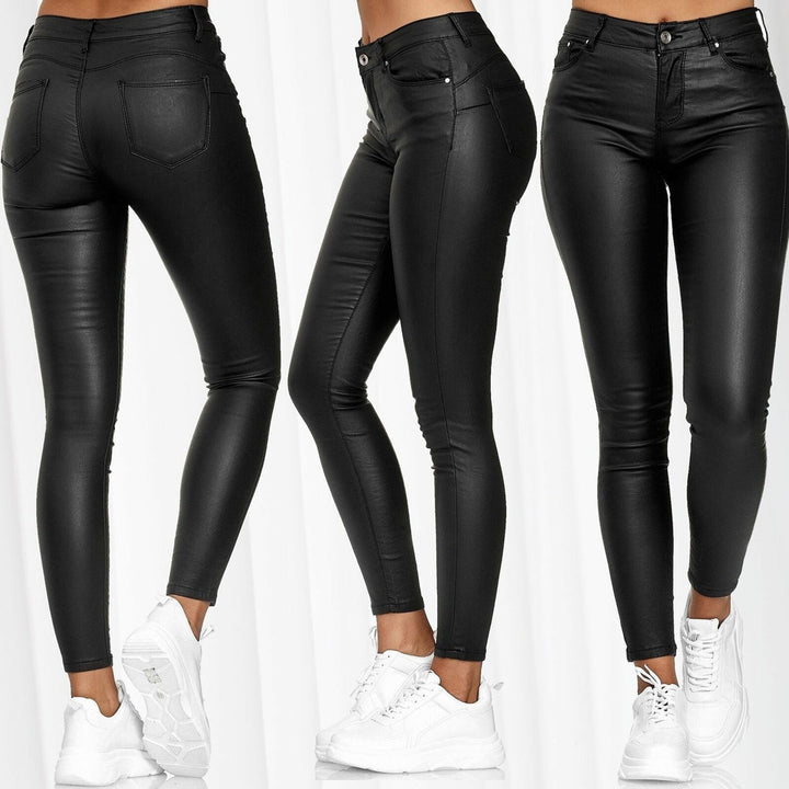 Dame Højdeskåret Skinny Jeans i Læderlook med Lommer Stilla