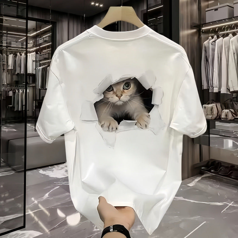 Dame T-shirt med kreativ kattemotiv og legende hul-design Stilla