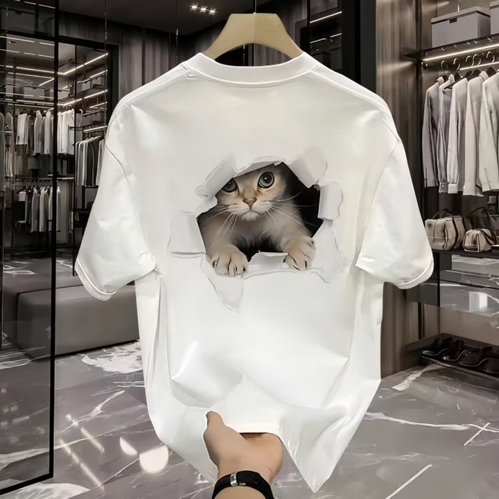 Dame T-shirt med kreativ kattemotiv og legende hul-design Stilla