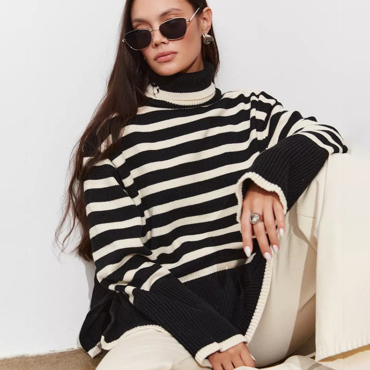 Kvinders chunky strikpullover med høj krave og Breton striber Stilla